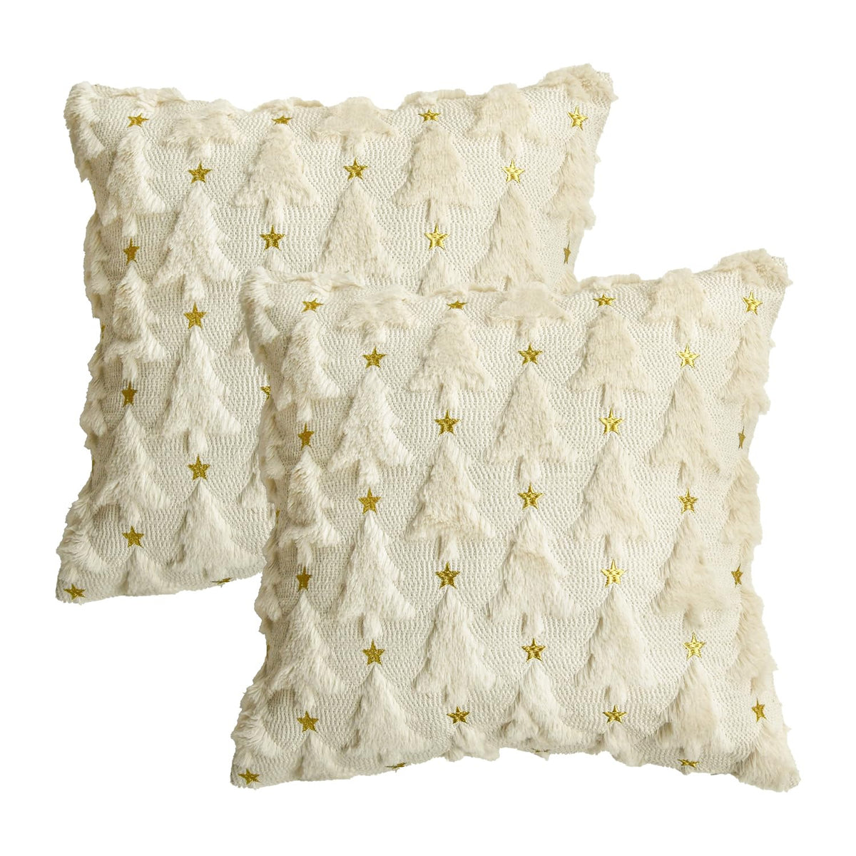 AVOIN colorlife Christmas Tree Star Beige Throw Pillow Cover Set of 2, 18 x 18 Inch Soft Plush Faux Fur Jacquard Festivals Winter Cushion Case Decoration for Sofa Couch