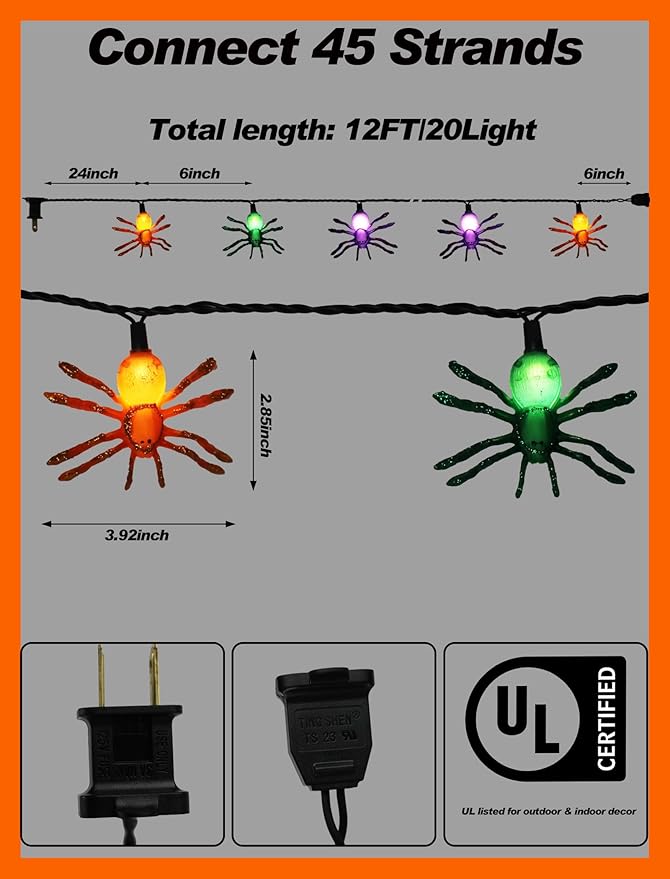 Halloween Spider Lights, 12ft 20 LED Plug in Glitter Spider String Lights, UL Certified, for Indoor Outdoor Halloween Decorations, Party, Porch, Yard