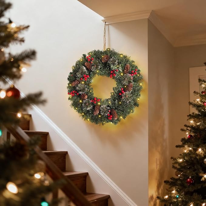 FR Artificial Pre-Lit Fir Christmas Wreath Holiday Accent Decoration, Wintry Pine, Decorated with Pine Cones Berry Clusters, with LED Lights Battery Operated for Door, Mantel - 16 Inch