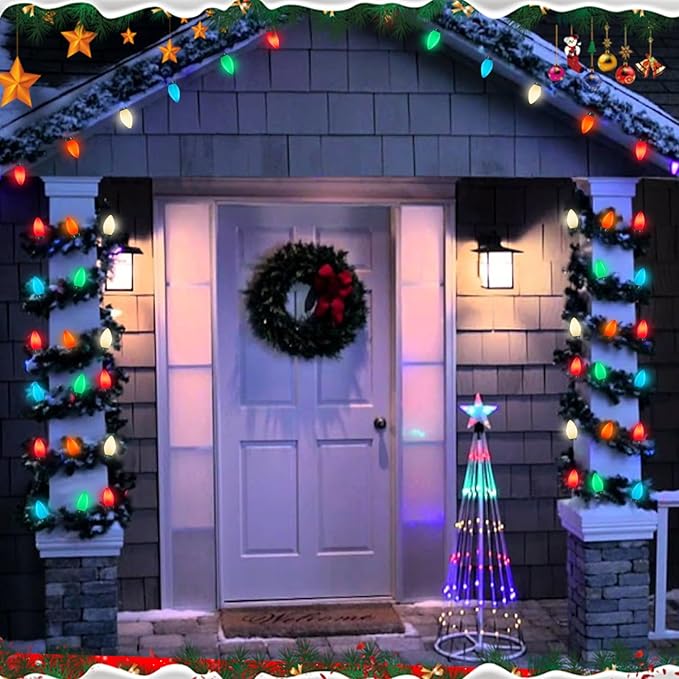 C7 Vintage Christmas Lights, 25Ft Ceramic Multicolor Christmas String Lights with 27 5W Glass Bulbs, Waterproof Connectable Christmas Decorations for House Roofline Backyard Wedding Holiday Party