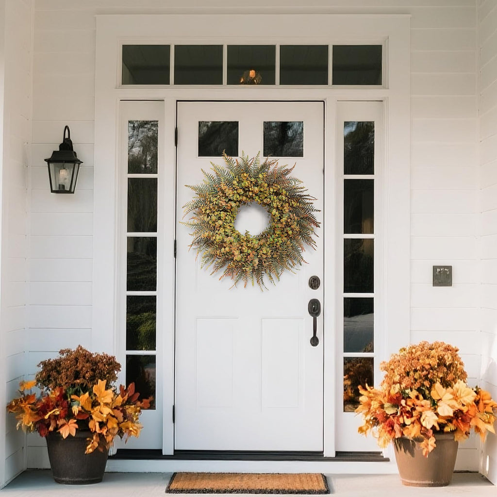 26" Fall Wreath for Front Door - Large Artificial Eucalyptus and Fake Ferns Leaves Outdoor Wreath for Porch, Window,Farmhouse,Home,Thanksgiving Day Harvest Festival Autumn Decor