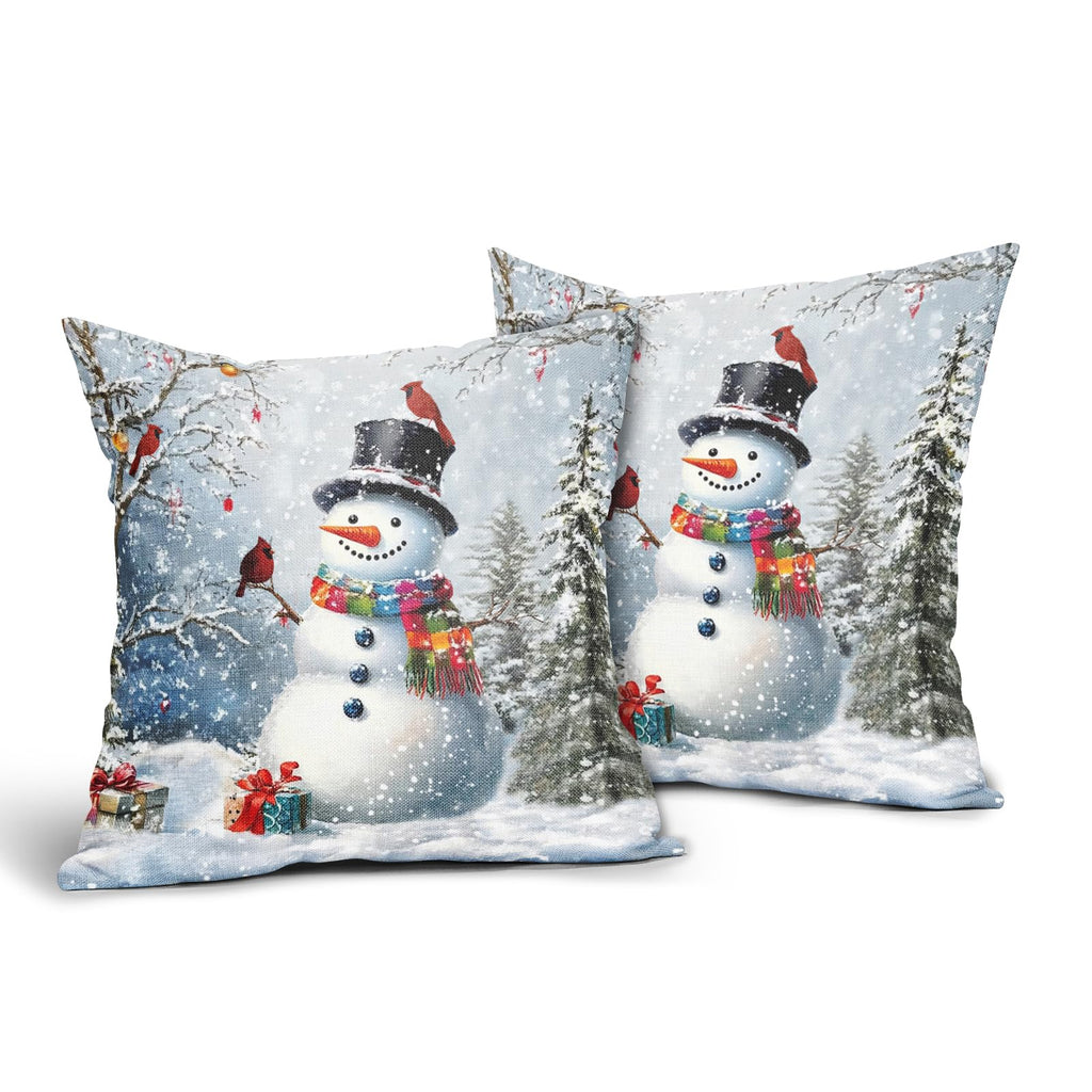 Evlaschin Snowman Pillow Covers Set of 2 Winter Snowflakes Birds Christmas Decorative Throw Couch Pillowcases Cotton Linen Double Sided 20x20 Inches Xmas Trees Holiday Indoor Outdoor Cuchion Covers