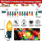 50Ft Multicolor C7 Vintage Christmas Lights String Colored Christmas Tree Lights with 50 + 5 Pack E12 Color Bulbs, for Light up Christmas Tree Home Stair Yard Indoor Outdoor Christmas Decorations, 5W