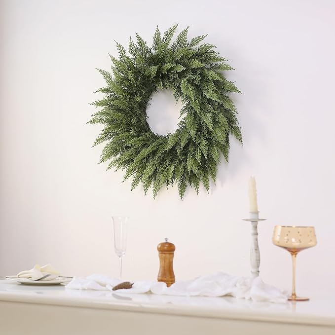 24" Real Touch Christmas Cedar Wreath - Artificial Cedar Wreaths Faux Green Fake Pine Needles Wreath for Front Door, Wall, Windows, Home,Outdoor,Xmas Decor