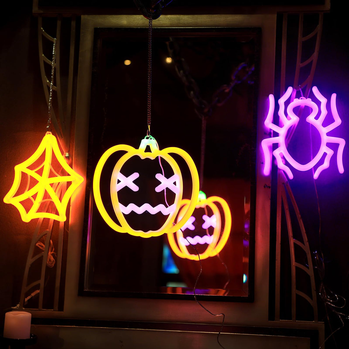 3 Pack Halloween Neon Sign for Wall Decor, Pumpkin Spider Neon Light Spider Web LED Lights for Halloween Decorations, Battery or USB Powered, Light up Sign for Party, Home, Room, Window Decor