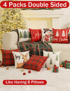 TOYPOPOR Christmas Decorations, Double Sided Plaid Throw Pillow Covers 18x18 Inches Set of 4, Christmas Tree, Snowflakes, Merry Christmas, Snowman Reindeer Winter Holiday Pillowcase for Sofa Couch