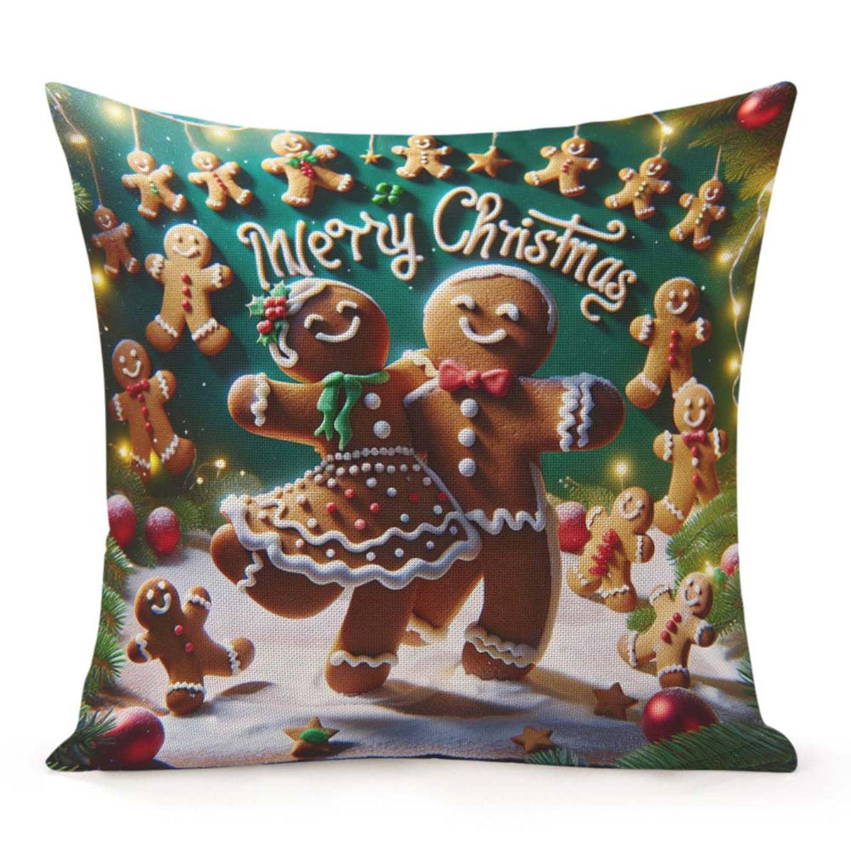 Throw Pillow Cover 20x20 Inch,Gingerbread Man Woman Dancing With Words Merry Christmas Spelled With Gingerbread Men Throw Pillow Case,Home Decor Cushion Covers for Sofa Living Room Couch Bed