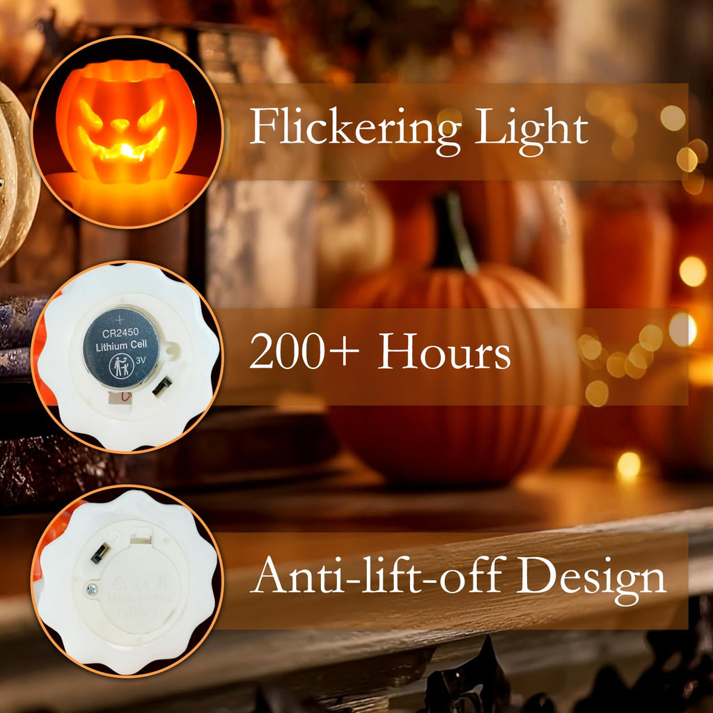 Homemory Real Wax Pumpkin Ghost Lamp, 4 Pcs Flickering Flameless Candles with 6hrs Timer, Spooky Halloween Pumpkin Candles, LED Battery Operated Lights for Home Halloween Decor, Theme Party