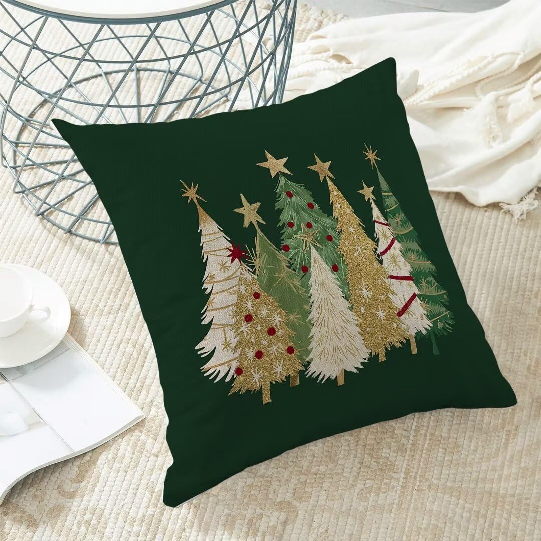 AEIOAE Christmas Pillow Covers 18 x 18 Inch Set of 2, Watercolor Green Christmas Tree Stars Decorative Throw Pillow Covers Winter Holiday Square Pillowcase for Home Sofa Living Room Outdoor Decor