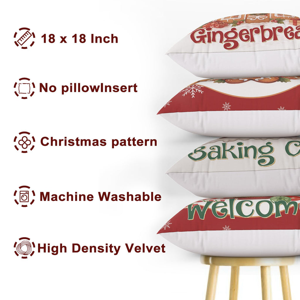 Mocsicka Christmas Gingerbread House Pillow Covers 18×18 Inch, Gingerbread Man House Bakery Throw Pillow Covers Xmas Holiday Cushion Case for Sofa Couch Bed Home Decorations Set of 4