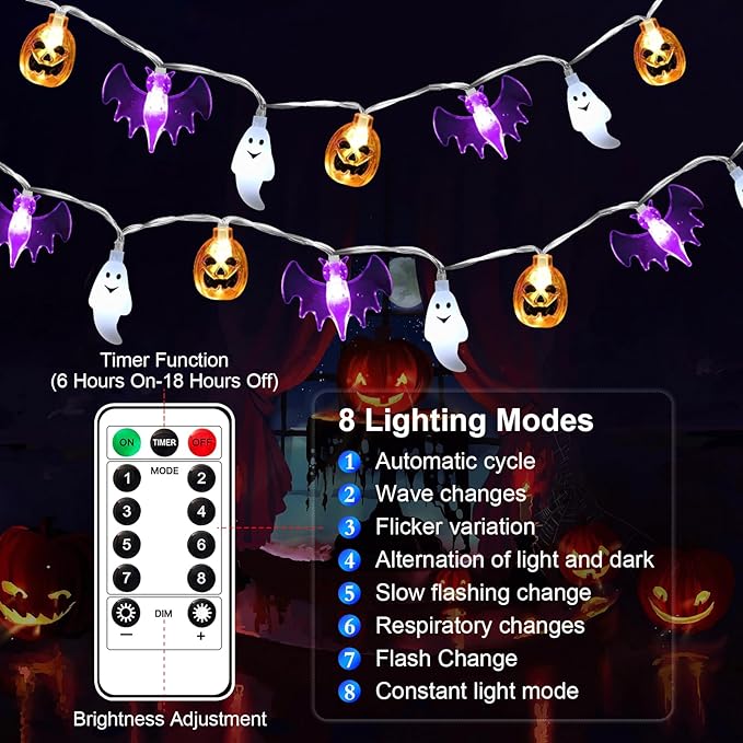 Halloween Fairy Lights,Waterproof Pumpkin Bat Ghost Battery Powered Lights, 16ft 30LEDs with Remote Control, String Light for Windows, Indoor Outdoor Decorations, Halloween Party Decorations