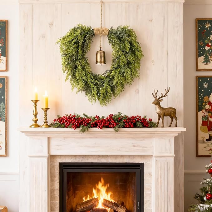Real Touch Artificial Cedar Wreath 20" with Bell Fake Christmas Wreaths for Front Door Faux Pine Greenery Heart Wreaths for Home,Window,Table,Mantle,Wall,Indoor,Outdoor Xmas Decorations