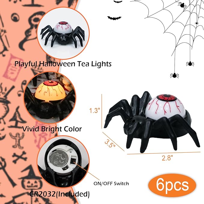 Halloween Decorations Tea Lights Candles with 6H Timer, 6 PCS Battery Operated LED Candle Spider Eyeballs Flameless Flickering Table Party Halloween Decor Indoor