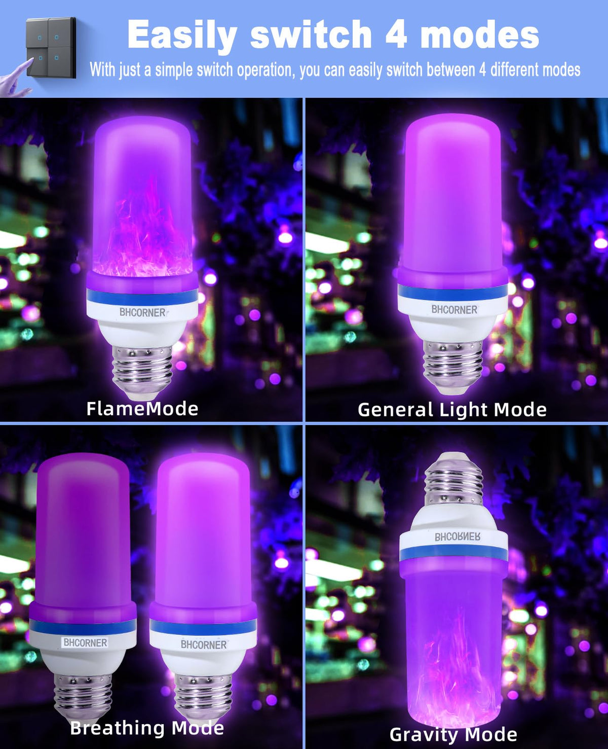 BHCORNER [Smaller Size] LED Purple Flame Light Bulbs - Halloween Flickering Light Bulb with Gravity Sensing Effect, E27 Base Christmas Purple Light Bulbs Outdoor, 3W Vintage Flame Bulb (2 Pack)