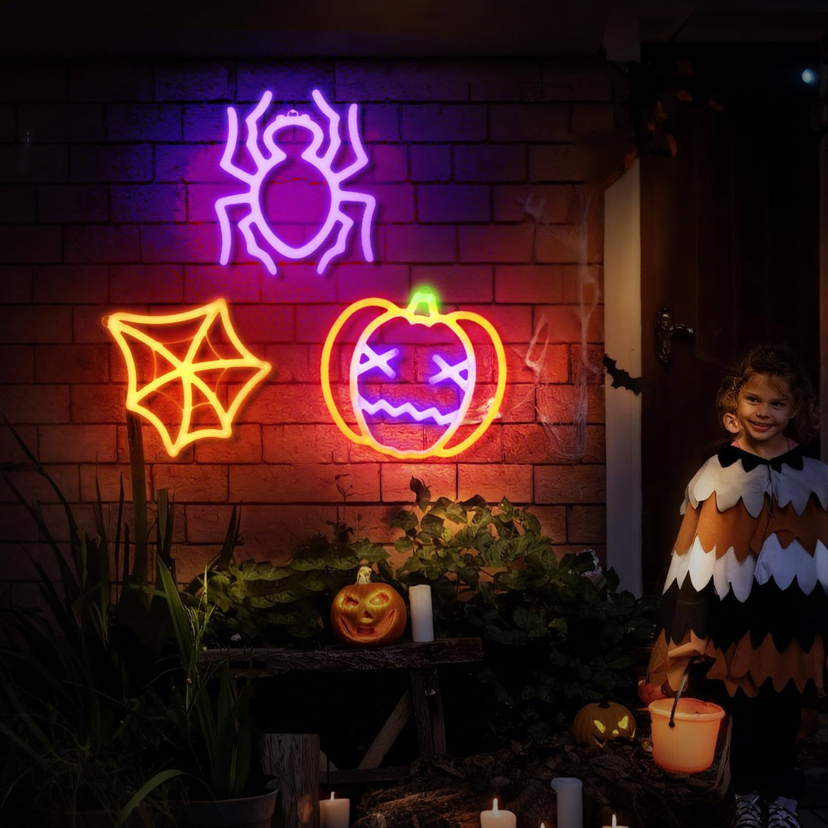 3 Pack Halloween Neon Sign for Wall Decor, Pumpkin Spider Neon Light Spider Web LED Lights for Halloween Decorations, Battery or USB Powered, Light up Sign for Party, Home, Room, Window Decor