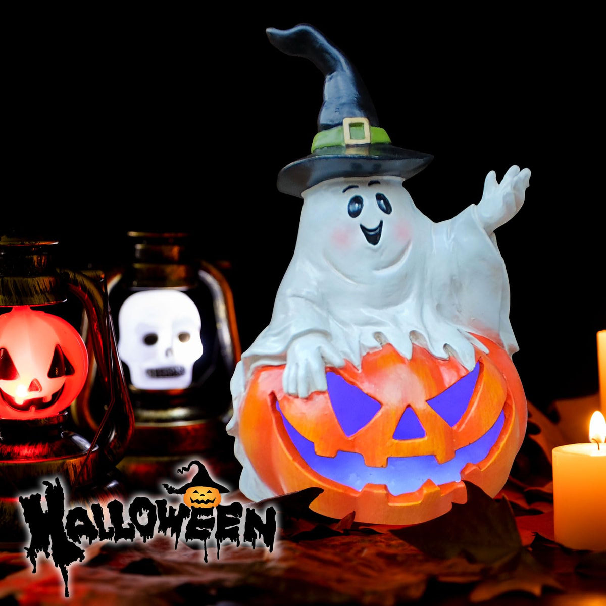 Ghost Halloween Decorations Outdoor with Solar LED Lights, Cute Spooky Ghost Jack-O-Lantern Pumpkin Figurines, Color Changing Halloween Decor Outside for Yard Porch Garden Lawn Party