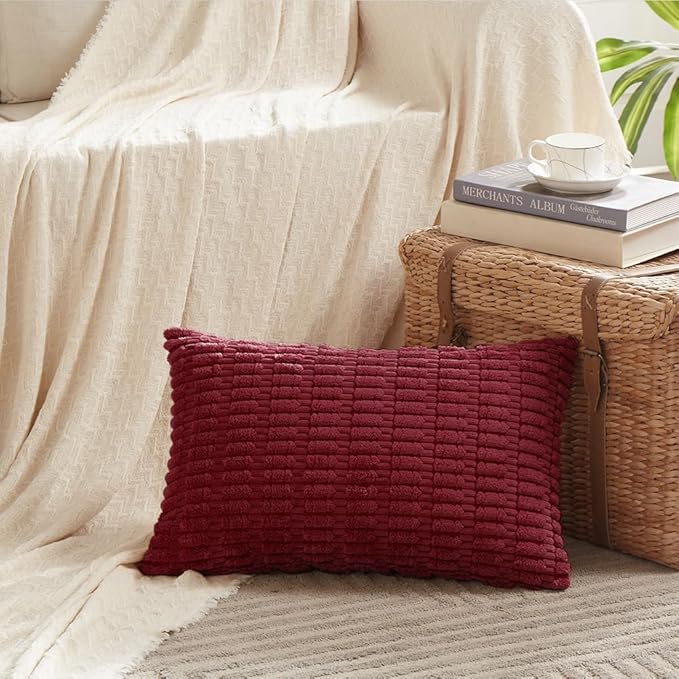 Fancy Homi Christmas Wine Red Decorative Throw Pillow Covers 14x24 Inch for Living Room Couch Bed Sofa, Modern Farmhouse Boho Home Decor, Soft Corduroy Burgundy Square Cushion Case 35x60 cm