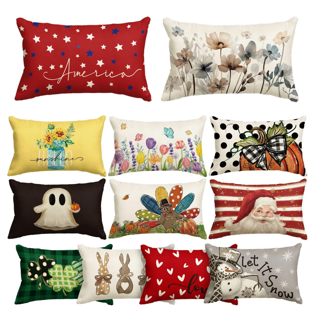 AVOIN colorlife Set of 12 Seasonal Holiday 4th of July Throw Pillow Covers, 12 x 20 Inch Star Memorial Day Poppy Flowers Chinoiserie Spring Summer Fall Winter Christmas Cushion Case Decoration