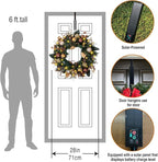 Solar Christmas Wreath 28 Inch Pre-Lit Solar 50 Led Artificial Wreath for Front Door Window Home Decor Decorated with Golden Pine Cones Christmas Balls Glitter Pine Branches(2811)