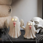 WDS WONDROUS Halloween Decor Light Up Ceramic Ghost Figurines – White Ghost with Pink Tongue Set of 2 – Fall Halloween Indoor Decorations for Home Table Office Desk Decor, Cute Ghost Statues