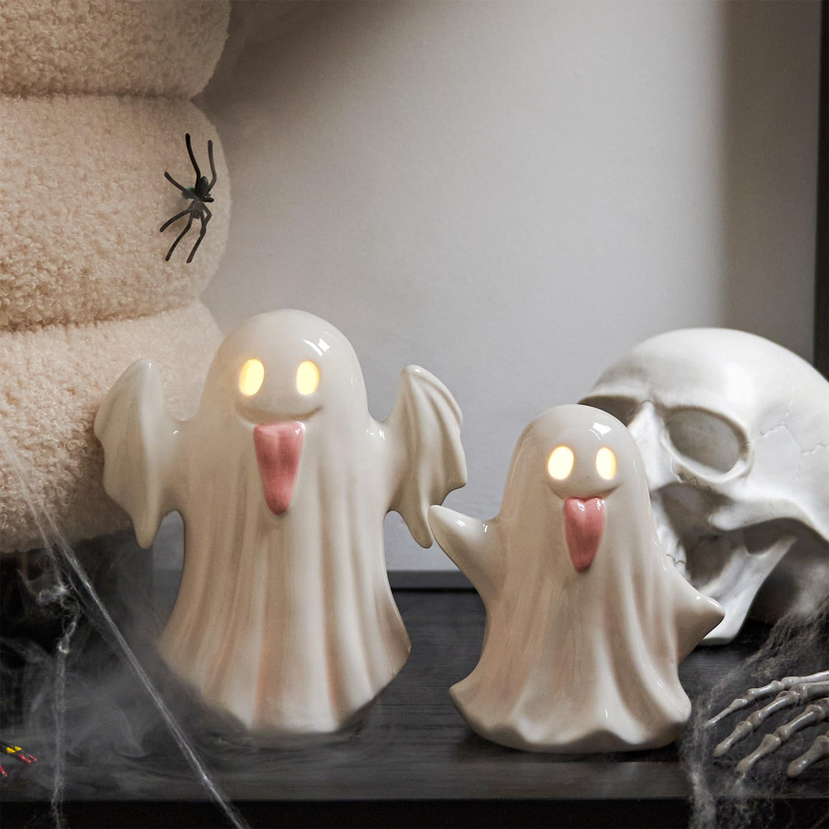 WDS WONDROUS Halloween Decor Light Up Ceramic Ghost Figurines – White Ghost with Pink Tongue Set of 2 – Fall Halloween Indoor Decorations for Home Table Office Desk Decor, Cute Ghost Statues