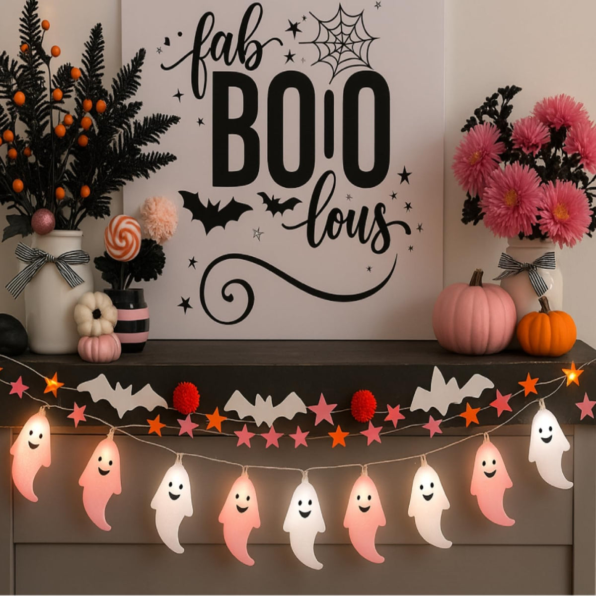 Glooglitter 2 Pcs Pink Halloween Ghost Lights 6.5 ft Pink Cute Ghost Lights String for Halloween Decorations Indoor Window Tree Yard Decoration Porch Camper Party Door Decor