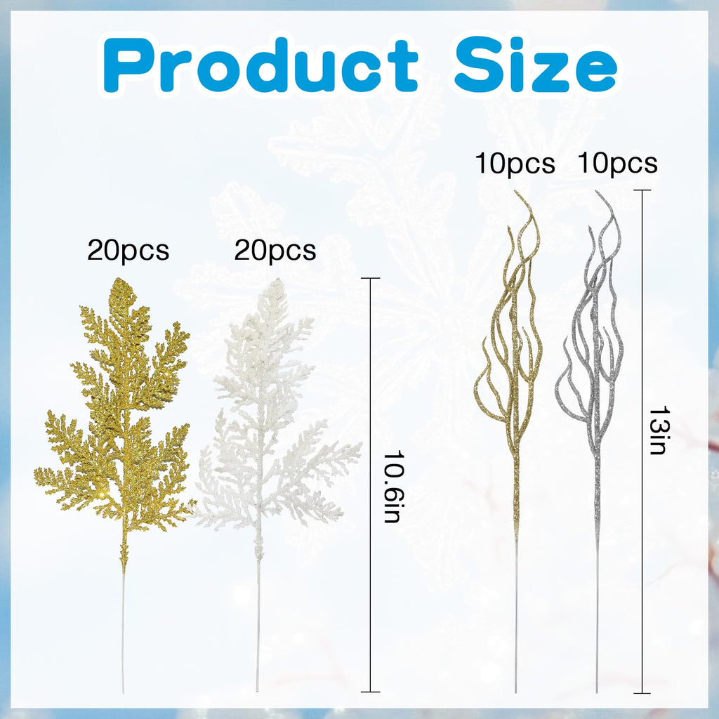MCCVBFHH 60 Pcs Christmas Glitter Artificial Pine & Cedar Branches - Sparkly Stems Picks for Christmas Tree,Garland,Wreath,Holiday Party & Winter Home Decor