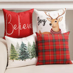 TOYPOPOR Christmas Decorations, Double Sided Plaid Throw Pillow Covers 18x18 Inches Set of 4, Christmas Tree, Snowflakes, Merry Christmas, Snowman Reindeer Winter Holiday Pillowcase for Sofa Couch