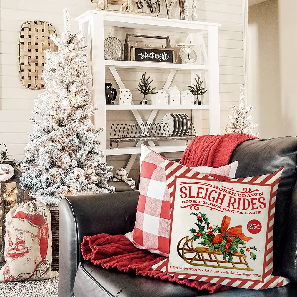PANDICORN Vintage Christmas Pillow Covers 20x20 Set of 4 for Christmas Decorations, Red Santa Trees Candy Cane Sleigh Rides Reindeer Rustic Country Holiday Decor Throw Pillows Cases