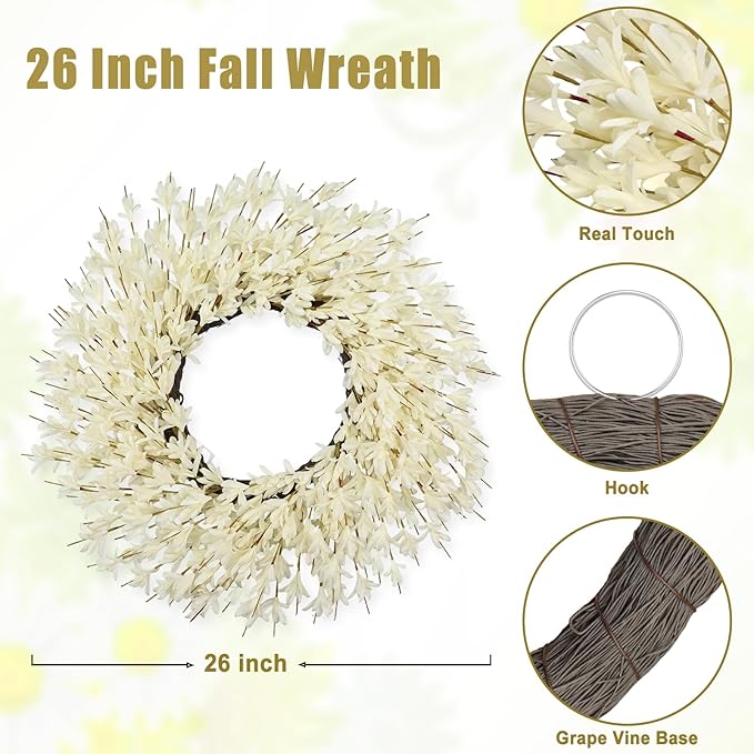 26 Inch Realistic Fall Wreaths for Front Door Outside Autumn Wreath Outdoor Indoors Fall Decorations for Home Thanksgiving Halloween Holiday Decorations Clearance for Wall Porch Door (Fall White)