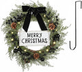 Lighted Christmas Wreath for Front Door with Metal Hanger 16'' Artificial Norfolk Wreath with Velvet Bow LED Lights Jingle Bells Pinecone Berries Christmas Holiday Winter Decor(Black)
