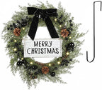Lighted Christmas Wreath for Front Door with Metal Hanger 16'' Artificial Norfolk Wreath with Velvet Bow LED Lights Jingle Bells Pinecone Berries Christmas Holiday Winter Decor(Black)