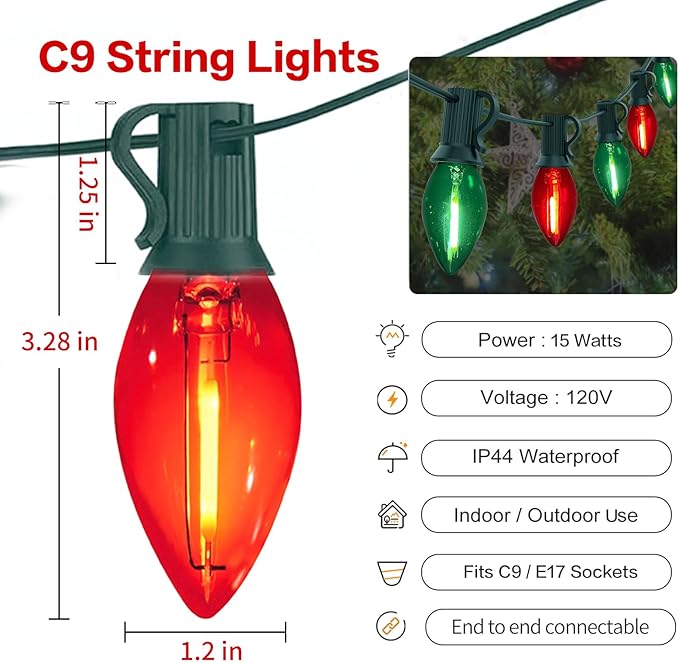 25Ft C9 LED Christmas Lights Outdoor Indoor, Clear Red Green Vintage String Lights, Connectable Dimmable Holiday Decor for Xmas Tree Roofline Patio Backyard Cafe, 25 Bulbs