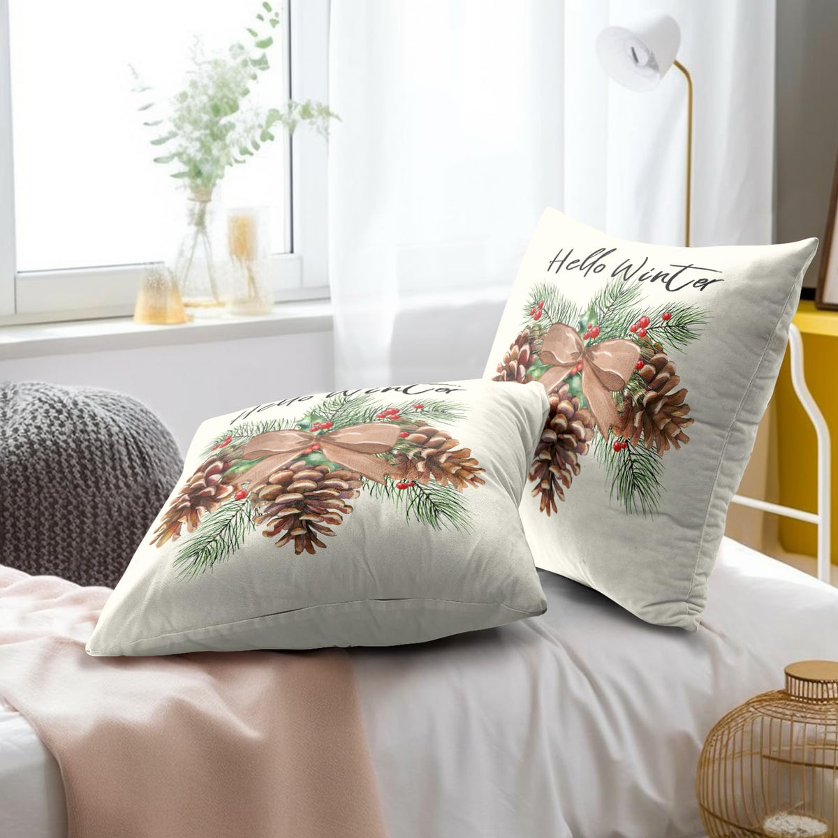 Winter Pinecone Pillowcase Set of 2 Pine Cone and Leaf Decor Throw Pillows Square 18x18 Inch Xmas Merry Christmas Holiday Winter Pillow Cushion Covers for Home Living Room Bed Sofa Outdoor Couch
