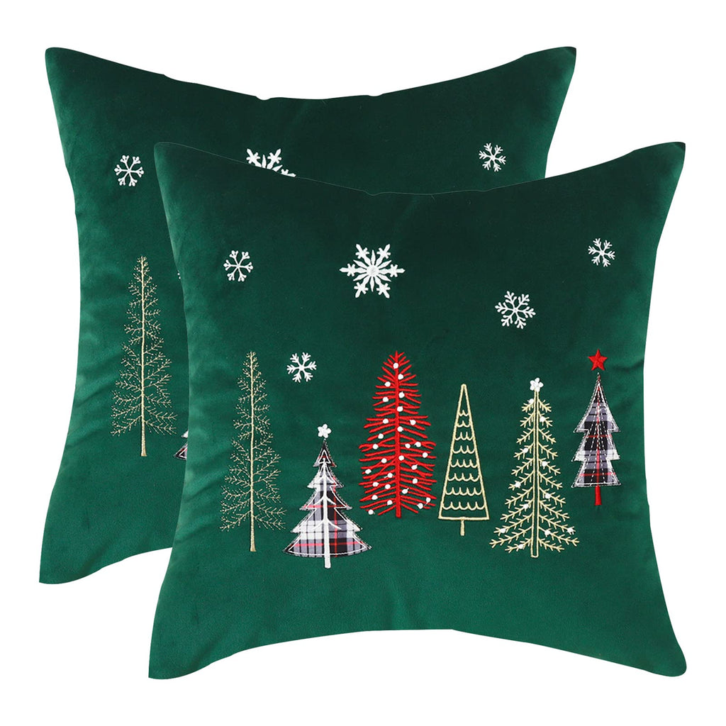 Tosleo Christmas Pillow Covers 18x18 Set of 2 Xmas Trees with Snowflake Embroidery Throw Pillow Covers Christmas Dec Velvet Pillowcases Forest Green Cushion Pillow Cases Soft Square Holiday Pillowcase
