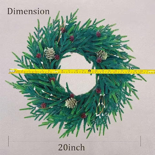 20 Inch Christmas Wreath for Front Door, Artificial Realistic Green Pine with Gold Pinecone, Door Wall Window Fireplace Party Decor