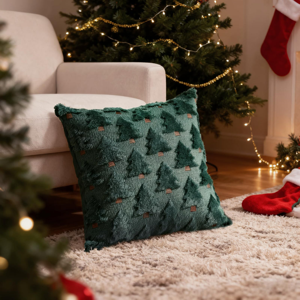 HDVUHKI Christmas Throw Pillow Covers 18x18 inch Set of 4, Beige and Green Xmas Tree Holiday Winter Living Room Soft Fluffy Plush Faux Fur Wool Decorations for Sofa Couch Bed