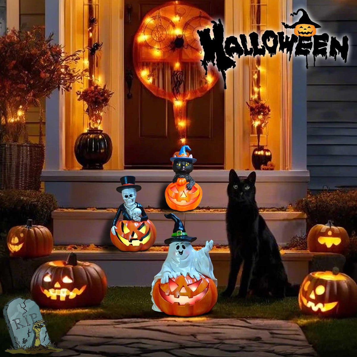 Ghost Halloween Decorations Outdoor with Solar LED Lights, Cute Spooky Ghost Jack-O-Lantern Pumpkin Figurines, Color Changing Halloween Decor Outside for Yard Porch Garden Lawn Party