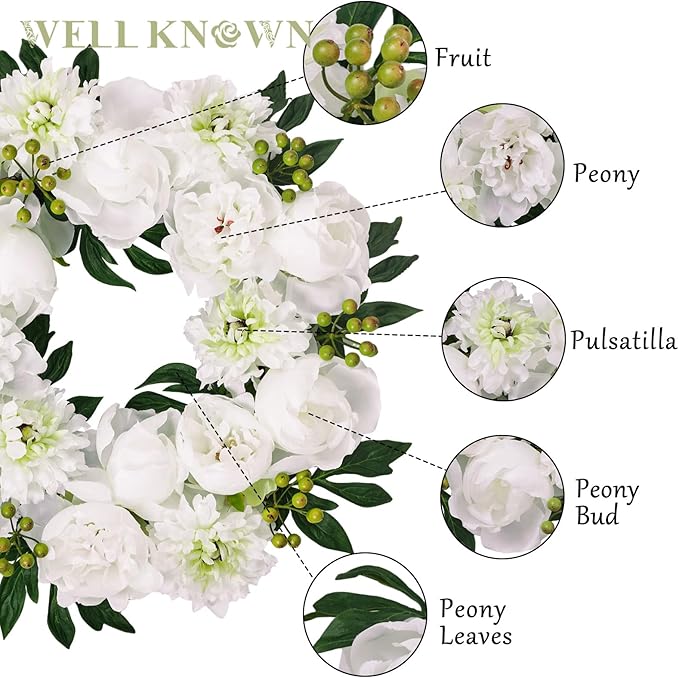 WELL KNOWN Fall & Winter White Wreaths for Front Door, Silk Aritificial Peony Wreath for Front Door Porch, Indoor Wall Window Home Decor, Farmhouse Thanks Giving Christmas Party Wediing Decor & Gift