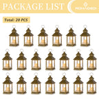 Romadedi Mini Lanterns Decorative for Wedding Centerpiece - 20 PCS Hanging Small Gold Lantern Bulk with Flickering LED Candles for Halloween Decorations Christmas Table Decor, Batteries Included