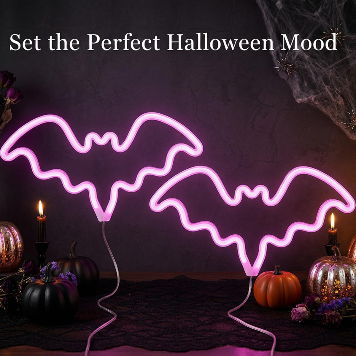 Halloween Bat Neon Signs 2 Pack, LED Bat Neon Lights for Halloween Decorations, USB/Battery Powered Light Up Bat Signs, Halloween Window Lights for Indoor Outdoor Window Door Wall Party Decor