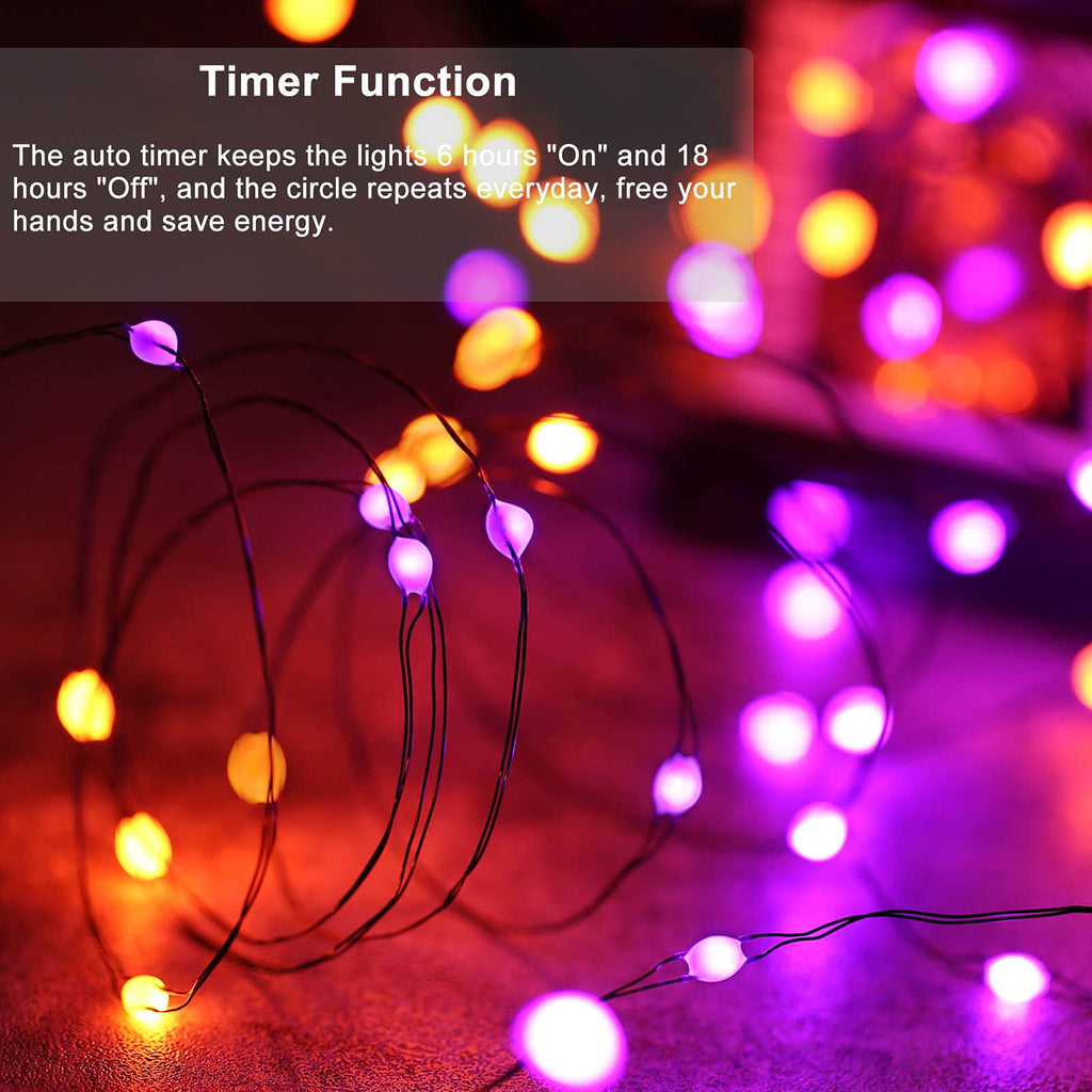 Lomotech Orange Purple Halloween Lights, 2 Pack 16.4ft 50 LED Battery Operated Halloween Fairy Lights with Timer Function, 8 Modes Waterproof Twinkle Lights for Halloween Decorations (Black Wire)