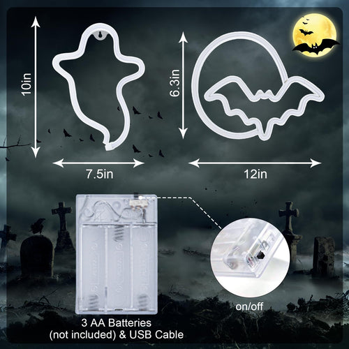 2 Pack Halloween Decoration LED Neon Sign Light,Ghost/Bat and Moon Lights Hanging Neon Signs for Halloween Party Indoor Home Window Decorations (Batteries not Included)
