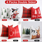TOYPOPOR Christmas Decorations, Double Sided Plaid Throw Pillow Covers 16x16 Inches Set of 4, Christmas Tree, Snowflakes, Merry Christmas, Snowman Reindeer Winter Holiday Pillowcase for Sofa Couch