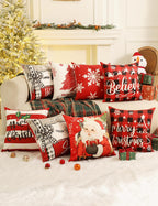 TOYPOPOR Christmas Decorations, Double Sided Throw Pillow Covers 18x18 Inches Set of 4, Christmas Tree, Snowflakes, Merry Christmas, Snowman Reindeer Cushion Case for Farmhouse Home Holiday Decor