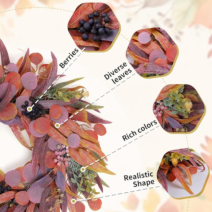 Fall Wreaths for Front Door 24 Inch, Outdoor Wreaths with Artificial Willow Leaves and Berries, Autumn Wreath for Front Door Indoor Wall Window Farmhouse Thanksgiving Halloween