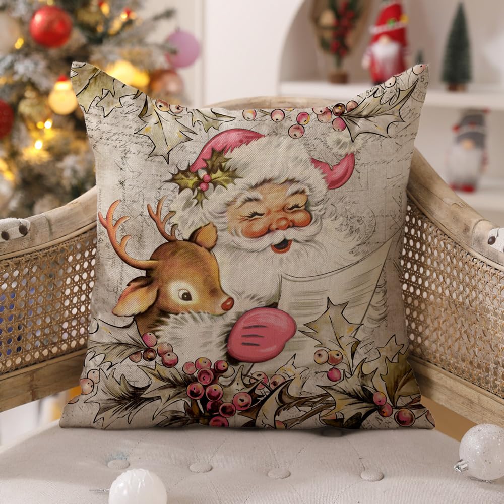 DFXSZ Christmas Pillow Covers 18x18 inch Set of 4 Pink Santa Claus Reindeer Decorative Vintage Throw Pillow Covers Winter Retro Farmhouse Decoration for Home Couch BTHZ-140E18