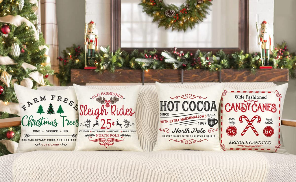4TH Emotion Farmhouse Christmas Pillow Covers 18x18 Set of 4 Winter Holiday Decorations Xmas Rustic Throw Cushion Case for Sofa Couch Home Decor (Sleigh Rides, Farm Fresh Tree, Cocoa, Candy Canes)