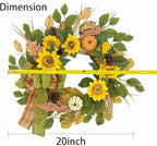 20 Inch Fall Wreath for Front Door, Sunflower Autumn Wreath with Pumpkins and Bow for Thanksgiving Farmhouse Home Window Wall Office Wedding Indoor Outdoor Decorations