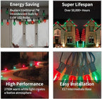 25Ft C9 LED Christmas Lights Outdoor Indoor, Clear Red Green Vintage String Lights, Connectable Dimmable Holiday Decor for Xmas Tree Roofline Patio Backyard Cafe, 25 Bulbs